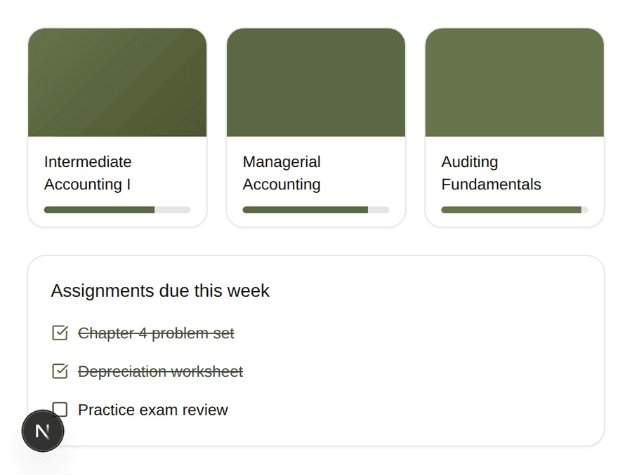 The courses dashboard, showing course cards and this week's assignments