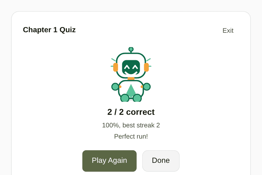 A completed practice quiz showing a perfect score